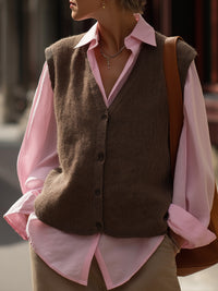 Chocolate Brown Button-Down Knit Vest And Pink Shirt Set