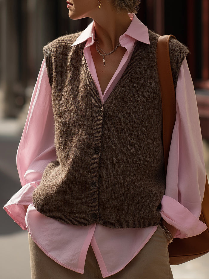 Chocolate Brown Button-Down Knit Vest And Pink Shirt Set