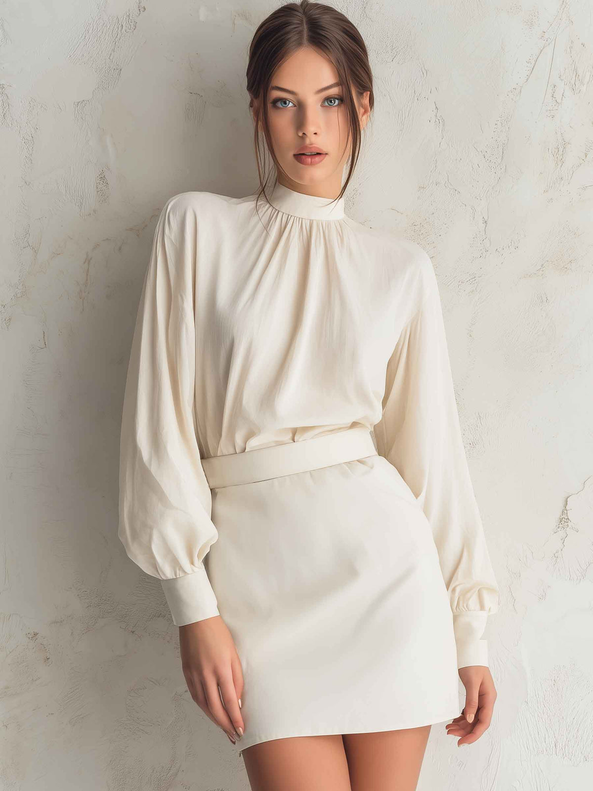 High-Neck Draped Blouse & Tailored Mini Skirt Set