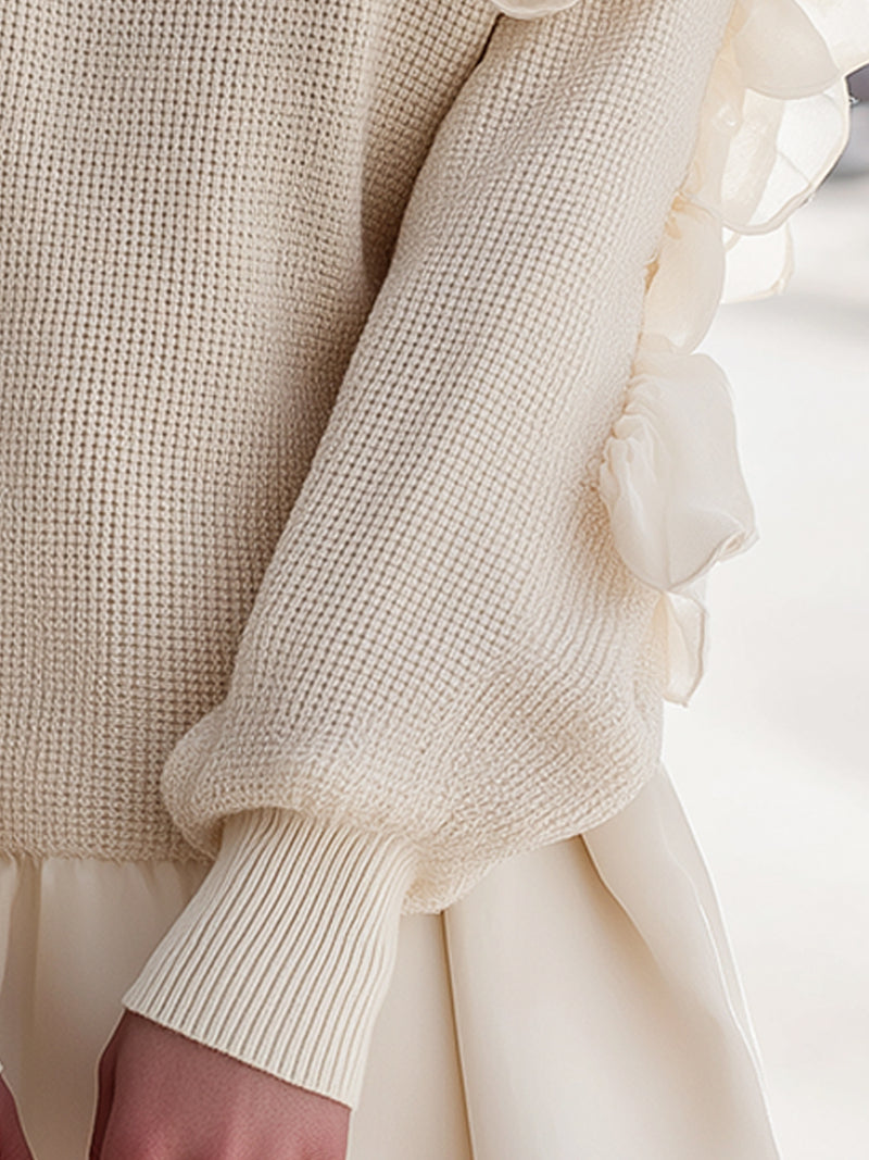Elegant Ruffled Sleeve Sweater In Ivory