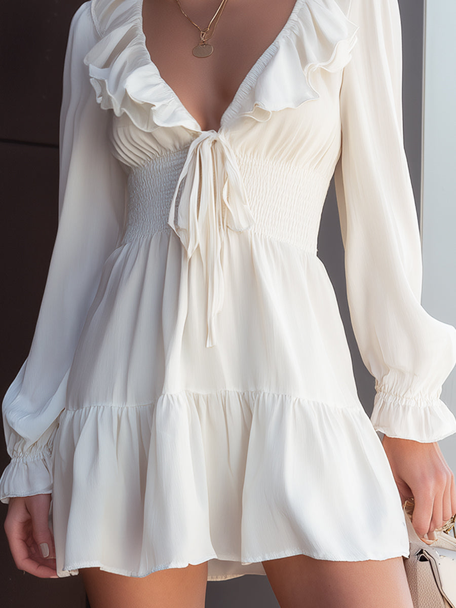 Ruffled V-Neck Mini Dress With Tie Detail