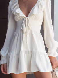 Ruffled V-Neck Mini Dress With Tie Detail