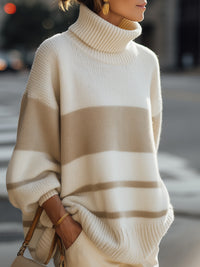 Beige And Ivory Striped Turtleneck Sweater