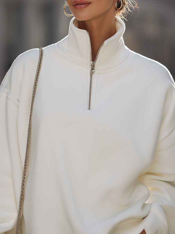Cream Half-Zip Funnel Neck Oversized Sweatshirt