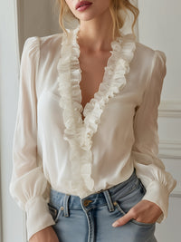 Ruffled V-Neck Sheer Chiffon Blouse