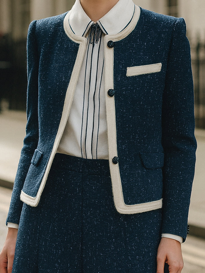 Navy Tweed Skirt Suit With Contrast Trim