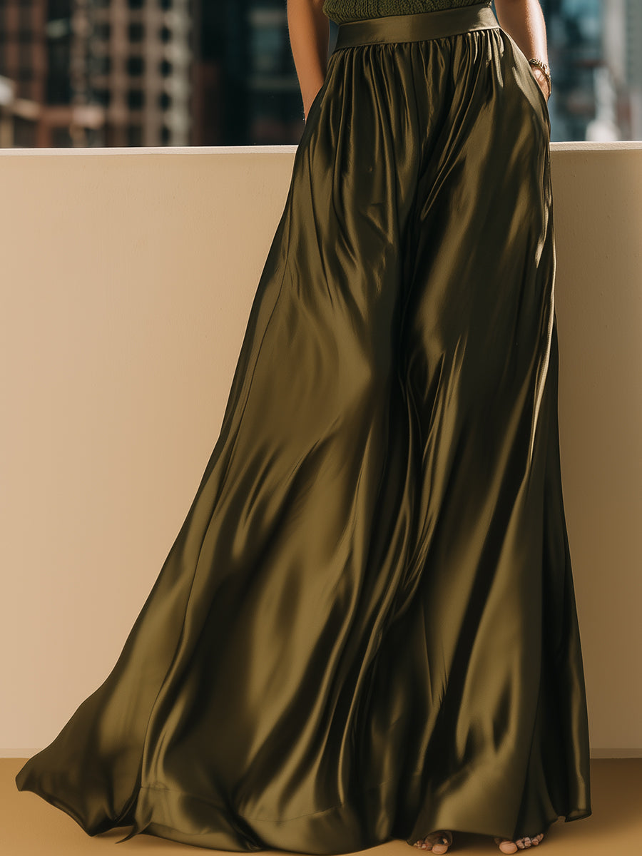 Olive Knit High-Neck Top & Satin Maxi Skirt Set