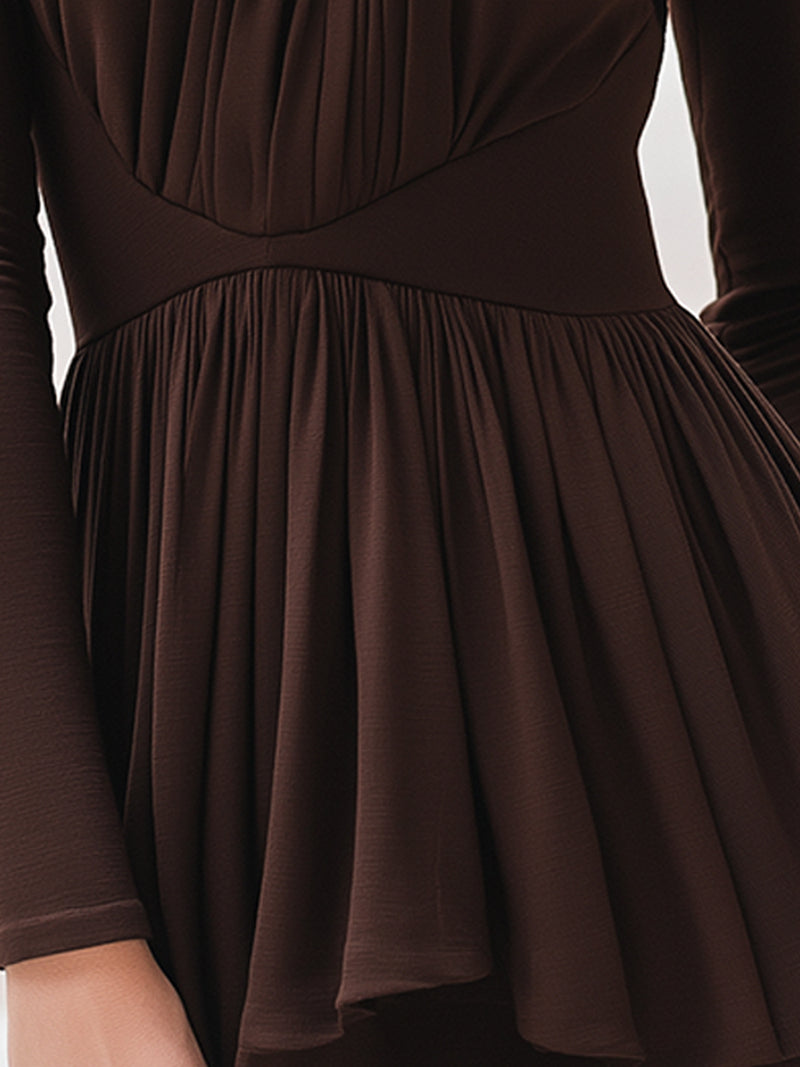 Chocolate Brown Pleated Peplum Top With High Neck