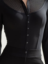 Sheer-Yoke Button-Front Fitted Long-Sleeve Top