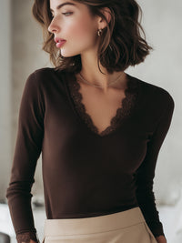 Lace-Trimmed Ribbed Long Sleeve Top