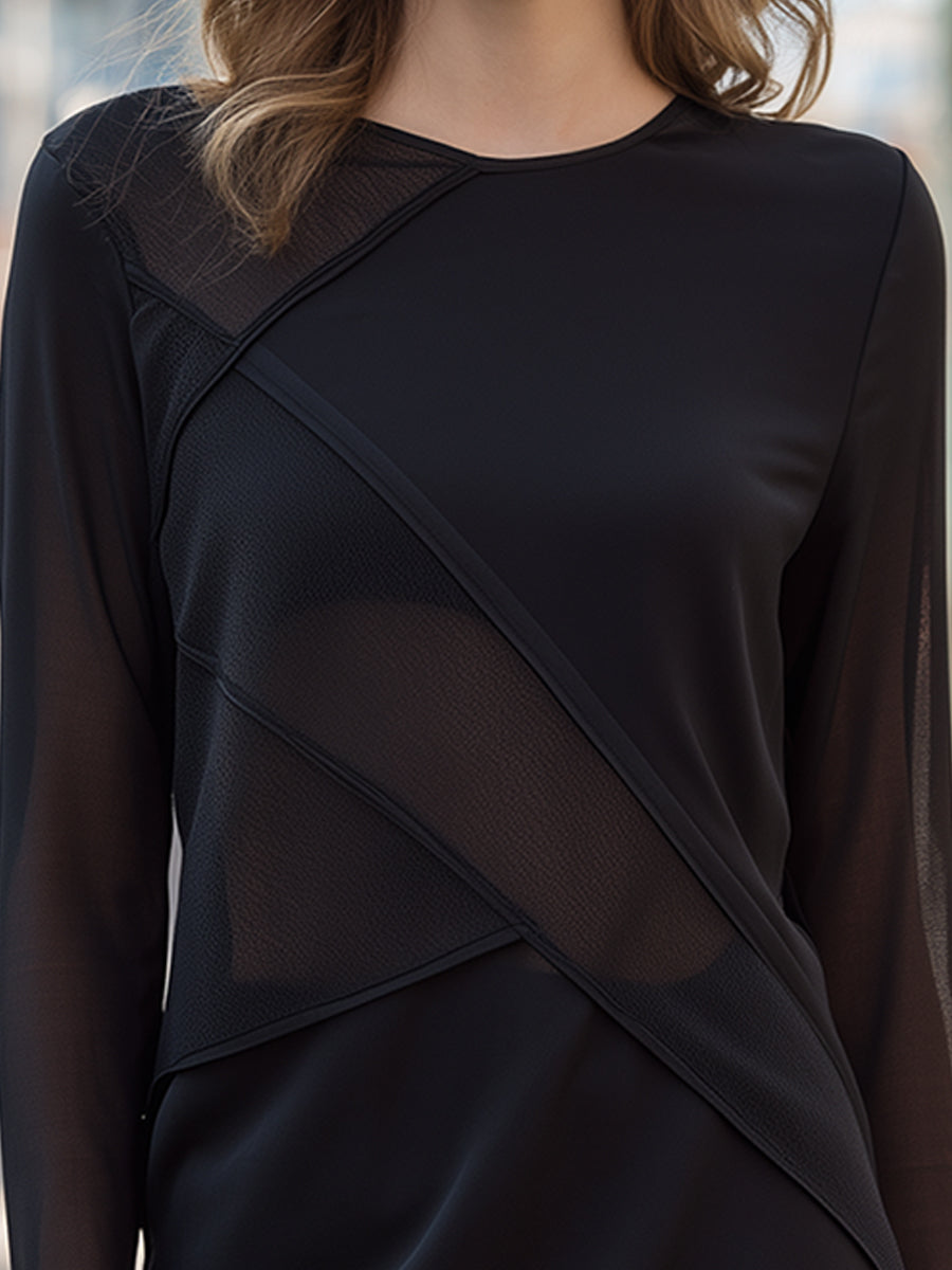 Asymmetric Mesh-Panel Layered Long-Sleeve Top