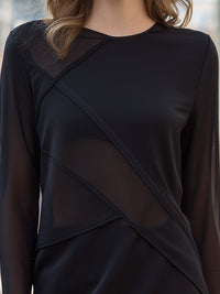 Asymmetric Mesh-Panel Layered Long-Sleeve Top