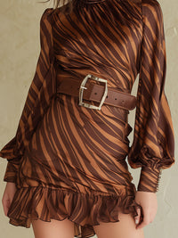 Brown Irregular Striped Mini Dress With Ruffled Hem And Tie At The Waist