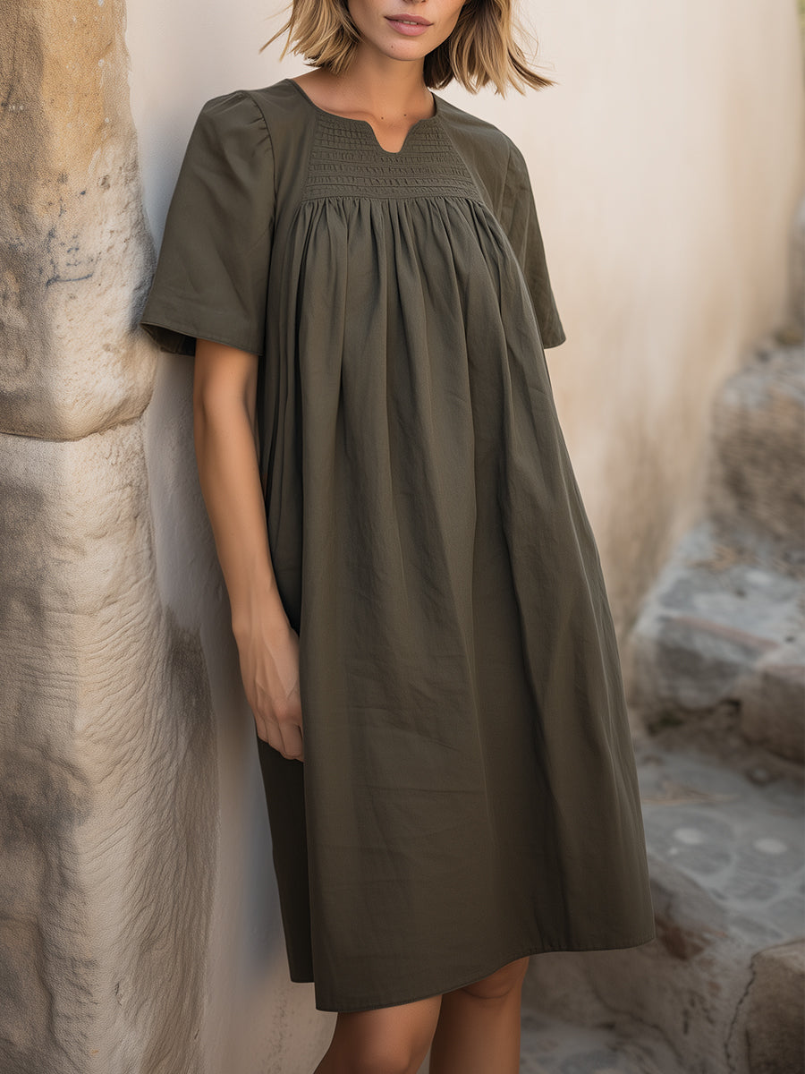 Smocked Yoke Short Sleeve Midi Dress
