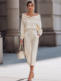 Ivory Off-Shoulder Knit Top & Relaxed Drawstring Pants Set