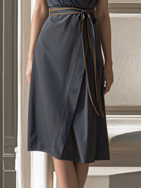 Wrap-Front Short-Sleeve Midi Dress With Waist Tie