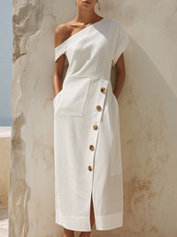 Asymmetrical One-Shoulder Button Detail Midi Dress