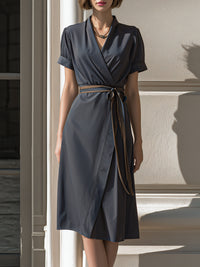 Wrap-Front Short-Sleeve Midi Dress With Waist Tie