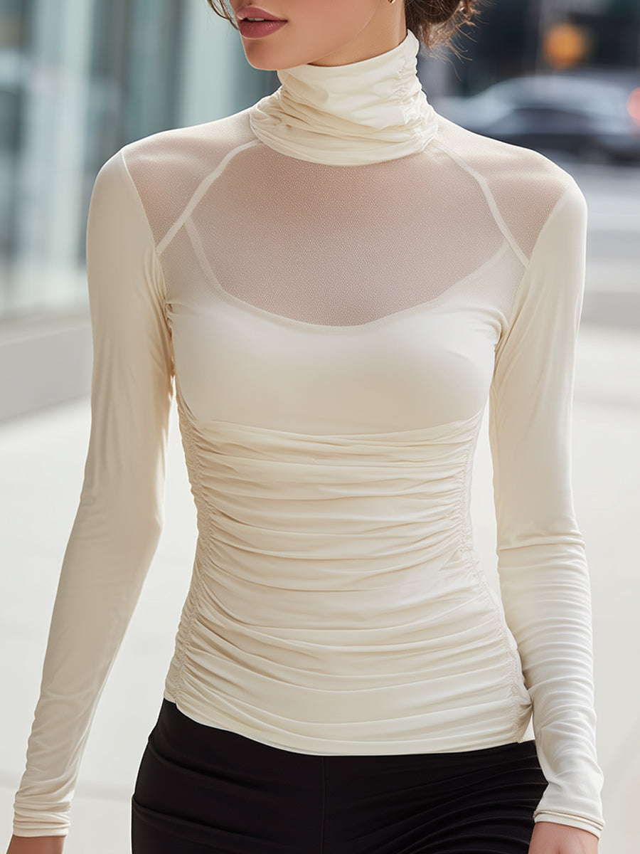 Ivory Mesh-Yoke Ruched Turtleneck Top