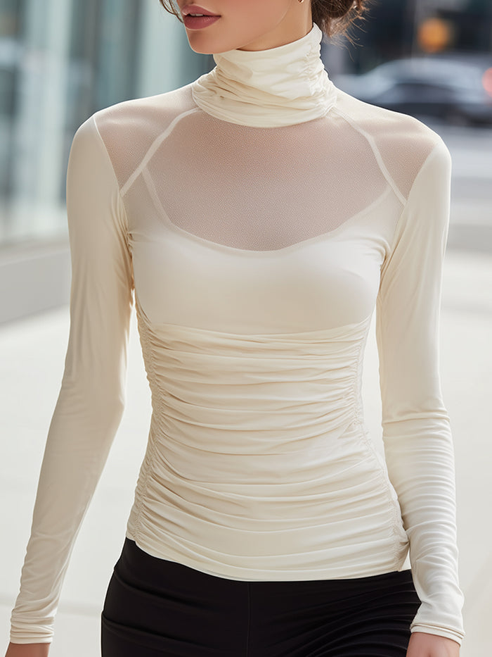 Ivory Mesh-Yoke Ruched Turtleneck Top