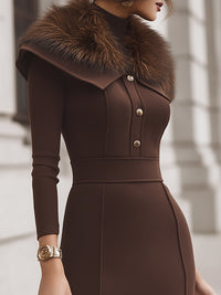 Elegant Tie-up Detachable Short Cape With Faux Fur Collar Paired With A Midi Dress Set
