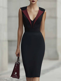 Tailored Pencil Midi Dress With Wine-Red Lapel V-Neck