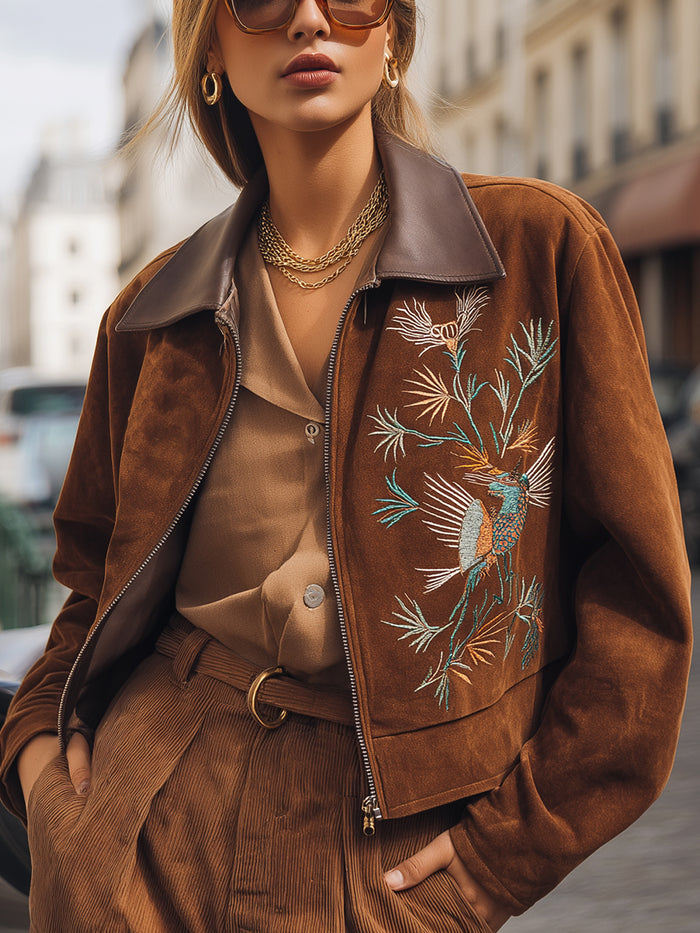 Brown Embroidered Suede Bomber Jacket With Leather Collar