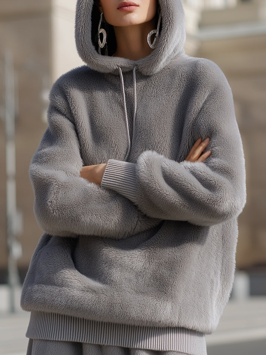 Gray Plush Hooded Pullover