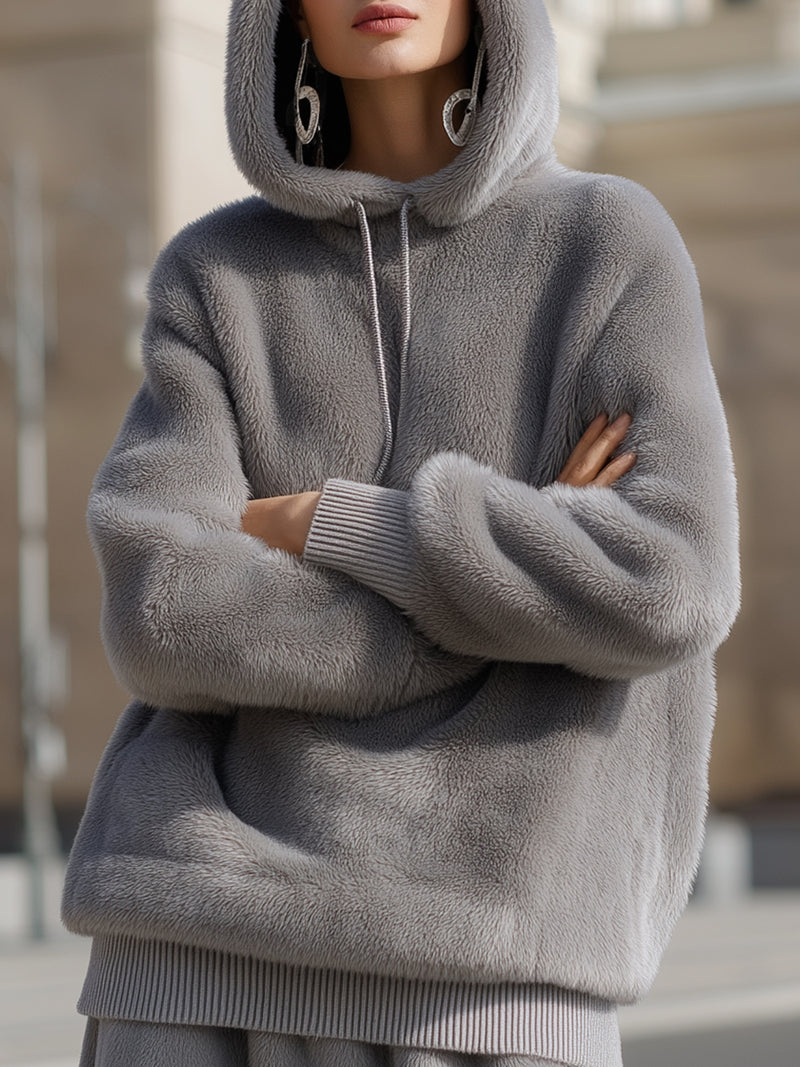Gray Plush Hooded Pullover