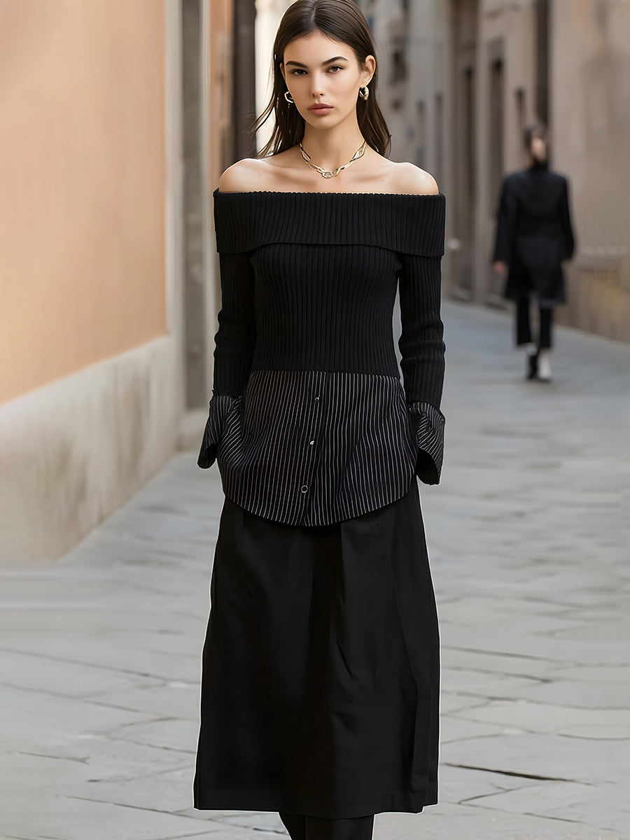 Black Off-Shoulder Ribbed Knit Striped Top And Midi Skirt Set