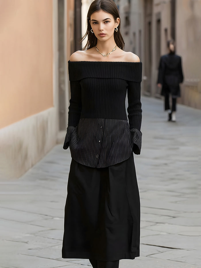 Black Off-Shoulder Ribbed Knit Striped Top And Midi Skirt Set