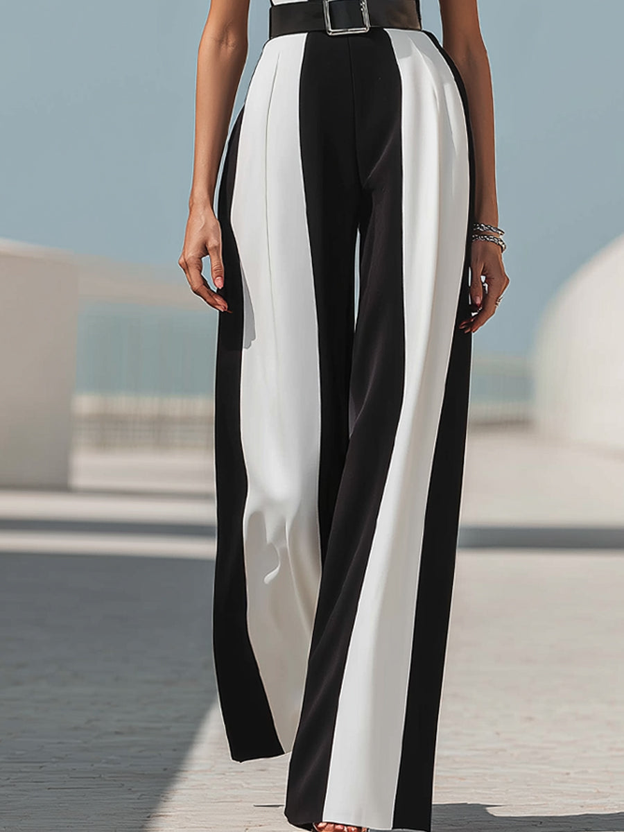 Monochrome Halter-Neck Belted Wide-Leg Jumpsuit