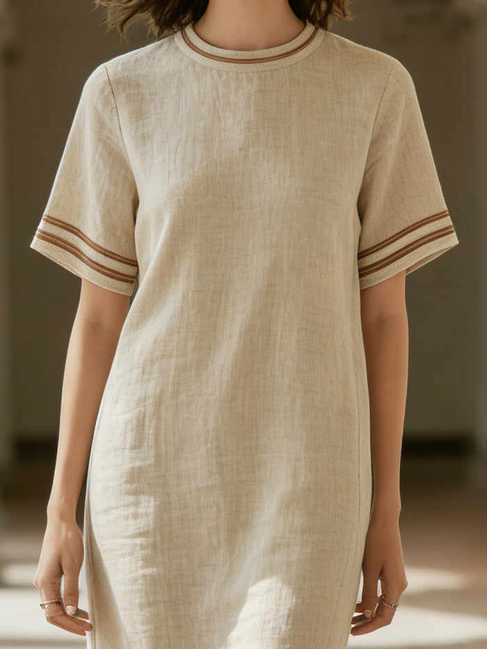 Contrast Trim Short Sleeve Slit Midi Dress