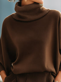Coffee Brown Turtleneck Batwing Knit Dress