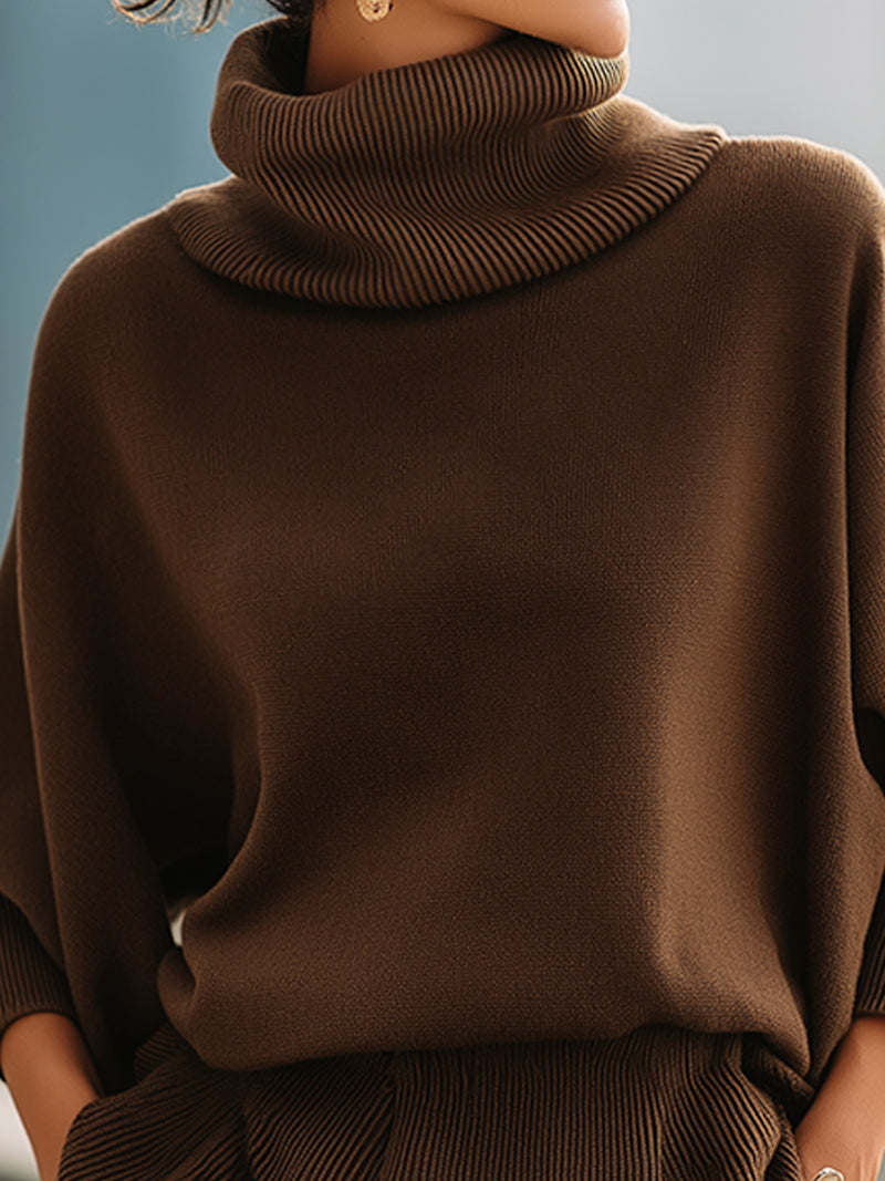 Coffee Brown Turtleneck Batwing Knit Dress