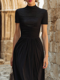 High-Neck Ruched Waist Flowing Maxi Dress