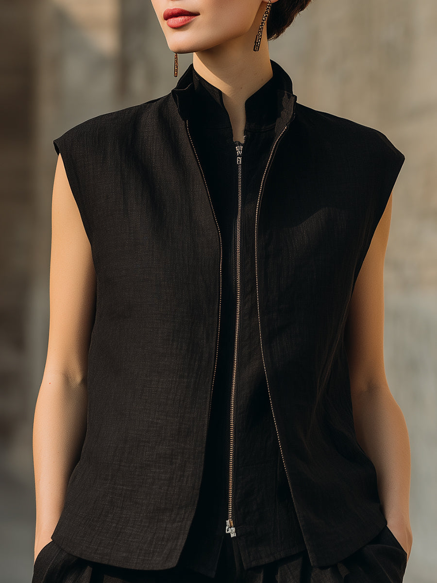 Minimalist Sleeveless Fake Two-Piece Zip Vest