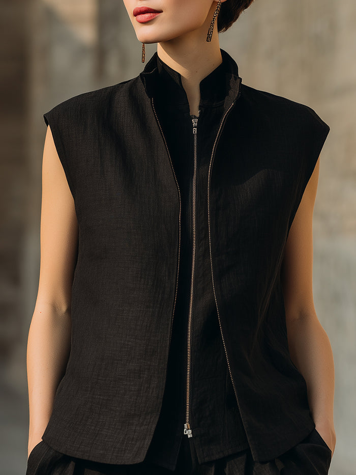 Minimalist Sleeveless Fake Two-Piece Zip Vest