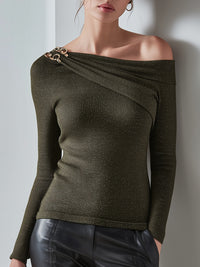 Asymmetric One-Shoulder Knit Top With Gold Hardware Detail