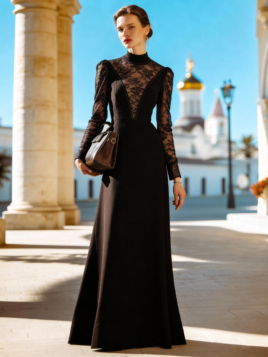 Lace-Inset Woven High-Neck Evening Gown