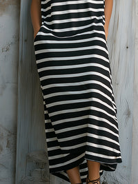 Striped High-Neck Relaxed Asymmetrical Midi Dress