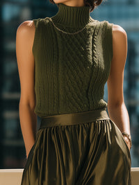 Olive Knit High-Neck Top & Satin Maxi Skirt Set