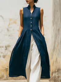 Women’s Sleeveless Linen Blend Long Vest Dress – Button Front Casual Elegant Maxi Tunic