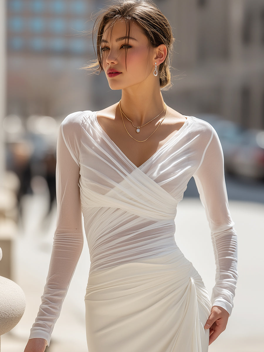 Sheer Ruched Mesh Long-Sleeve Draped Top