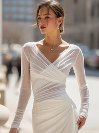 Sheer Ruched Mesh Long-Sleeve Draped Top