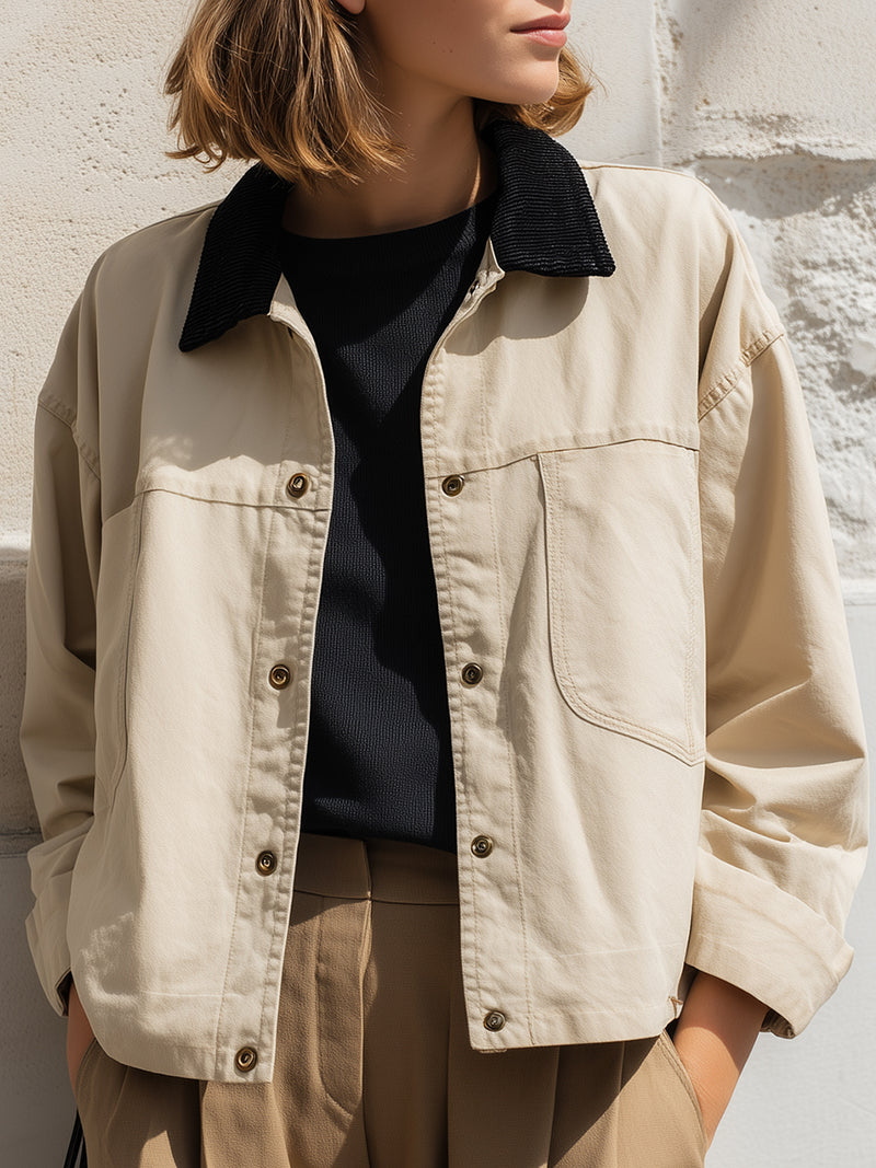 Beige Utility Jacket With Contrast Corduroy Collar