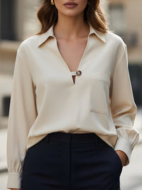 Ivory V-Neck Blouse With Decorative Button Detail