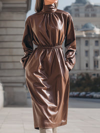 Chestnut Faux Leather High-Neck Midi Dress