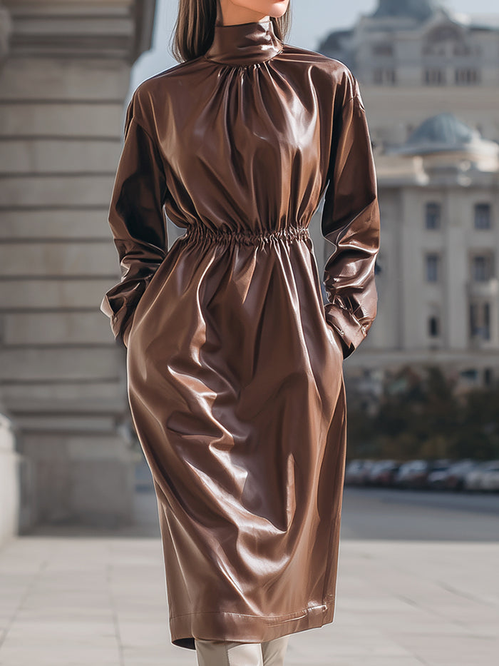 Chestnut Faux Leather High-Neck Midi Dress