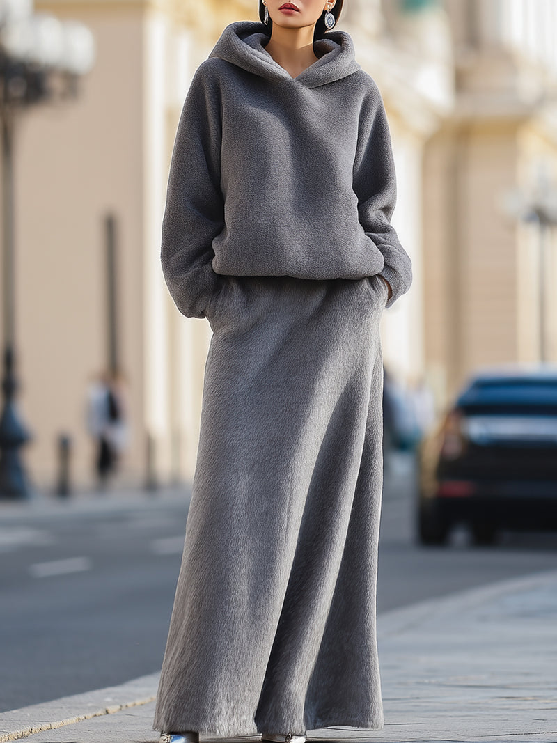 Charcoal Plush Hoodie And Wide-Leg Pant Set